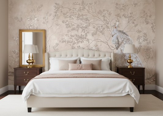 White Peacock Chinoiserie Mural Wallpaper - Beige and Dusty Rose