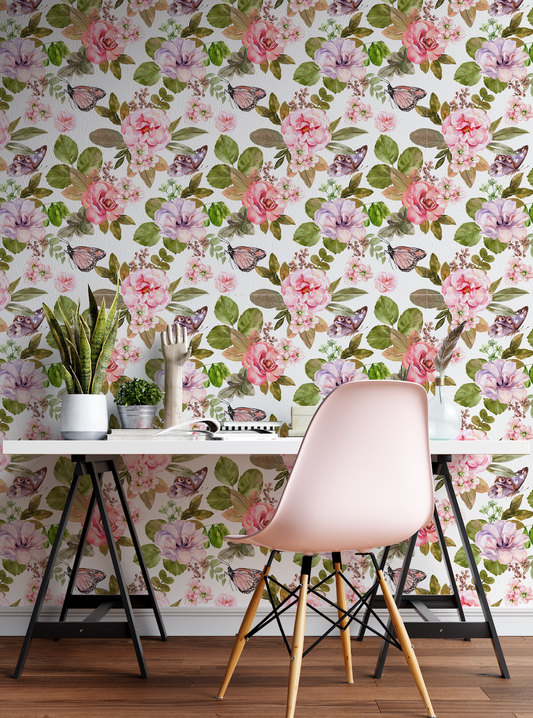Vintage Watercolor Floral & Butterfly Mural