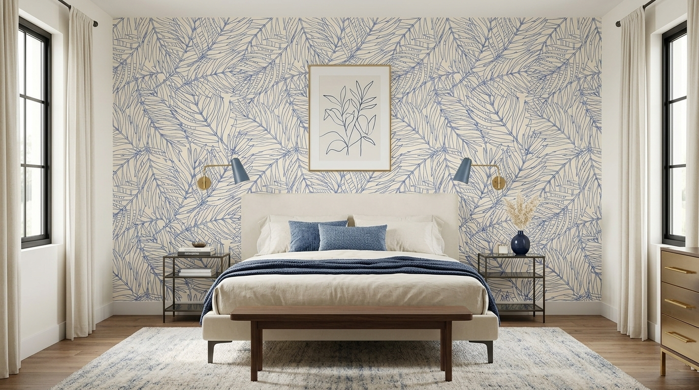 Blue Tropical Palm Line Art Mural