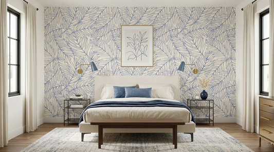 Blue Tropical Palm Line Art Mural